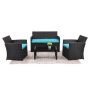 FOREST HOME Black 4-pc Rattan Polyethylene Resin Wicker Patio Conversation Set with Blue Cushions - Image 1