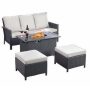 4-Piece Wicker Outdoor Sectional Seating Patio Conversation Set with Beige Cushion and Fire table - Image 1