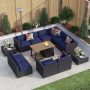 13-Piece Wicker Patio Fire Pit Set with Blue Cushions - Image 1