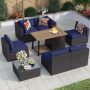 8-Piece Wicker Patio Fire Pit Set with Blue Cushions - Image 1