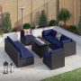 9-Piece Wicker Patio Fire Pit Set with Blue Cushion - Image 1