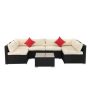 Black 7-Piece Wicker Outdoor Dining Set w/ White Cushion - Image 1