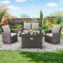 4 Piece Wicker Patio Conversation Set with 44 In. 50,000 BTU Black Fire Pit Table/Wind Guard in Gray Cushion - Image 1